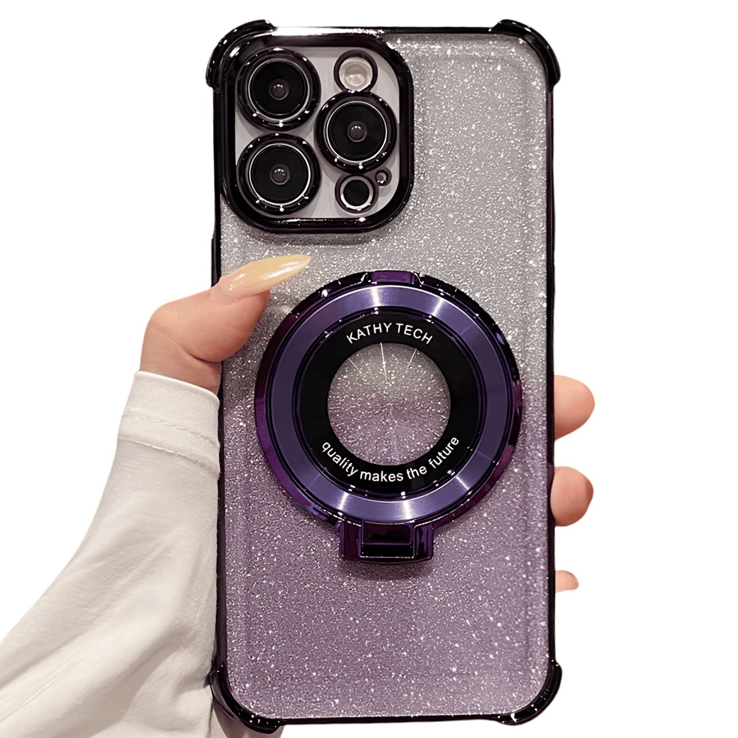 Funda Accesorios DLS para iPhone 12 Pro Max con brillos, anillo MagSafe morado y esquinas reforzadas antishock.