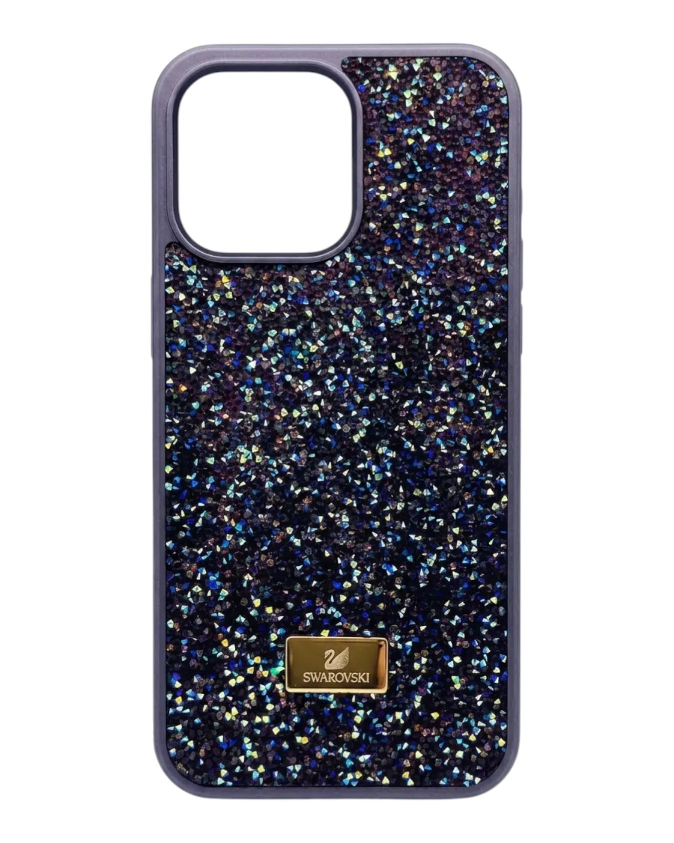 Funda Accesorios DLS para iPhone 12 Pro Max con micro-cristales estilo Swarovski en color morado multicolor y placa metálica.
