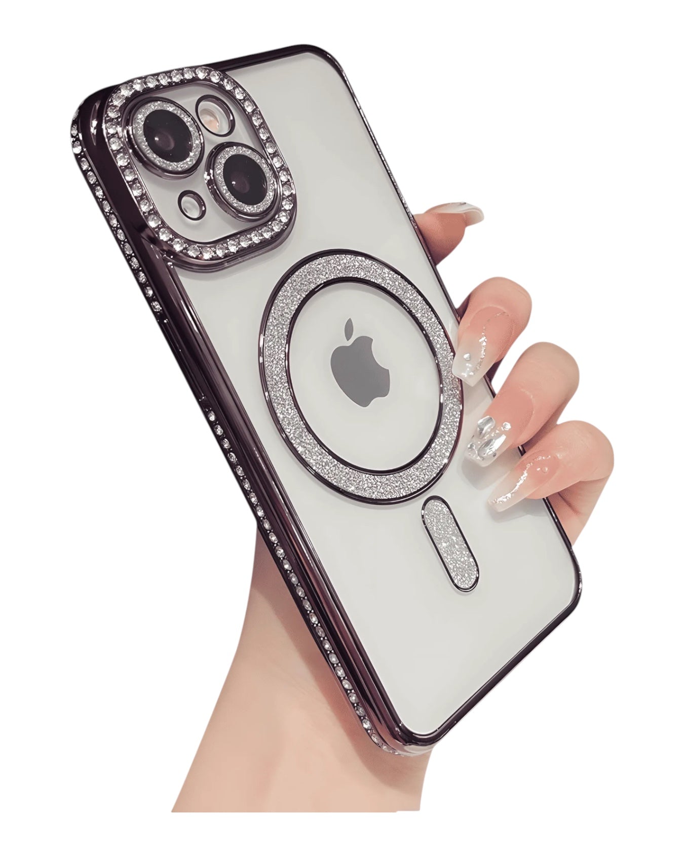 Funda transparente Accesorios DLS con diamantes para iPhone 14, aro MagSafe y protector de cámara brillante.