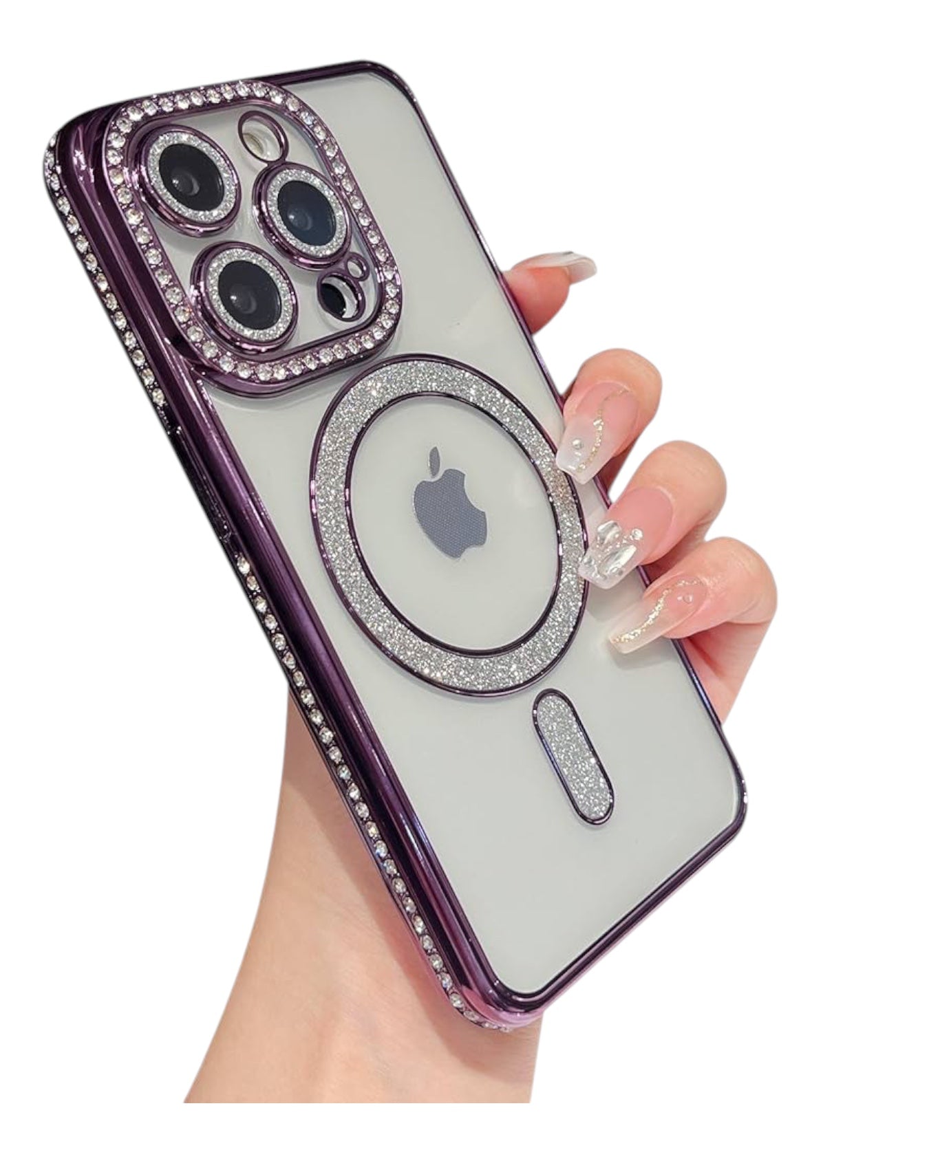 Funda transparente Accesorios DLSH con diamantes para iPhone 14 Pro, aro MagSafe y protector de cámaras con brillos plateados.