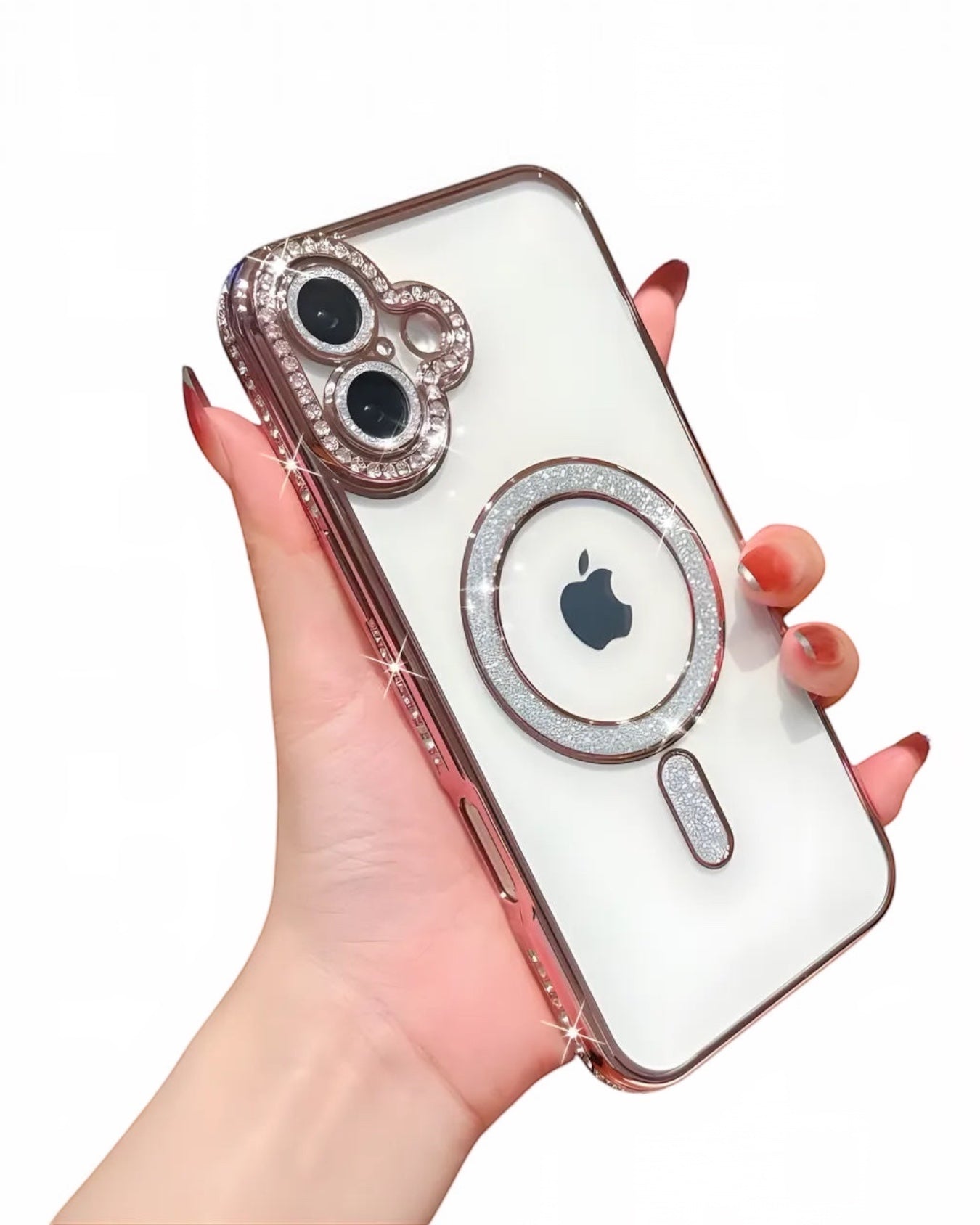 Funda transparente Accesorios DLS con diamantes y MagSafe para iPhone 16. Protección de cámaras y aro MagSafe con brillos.
