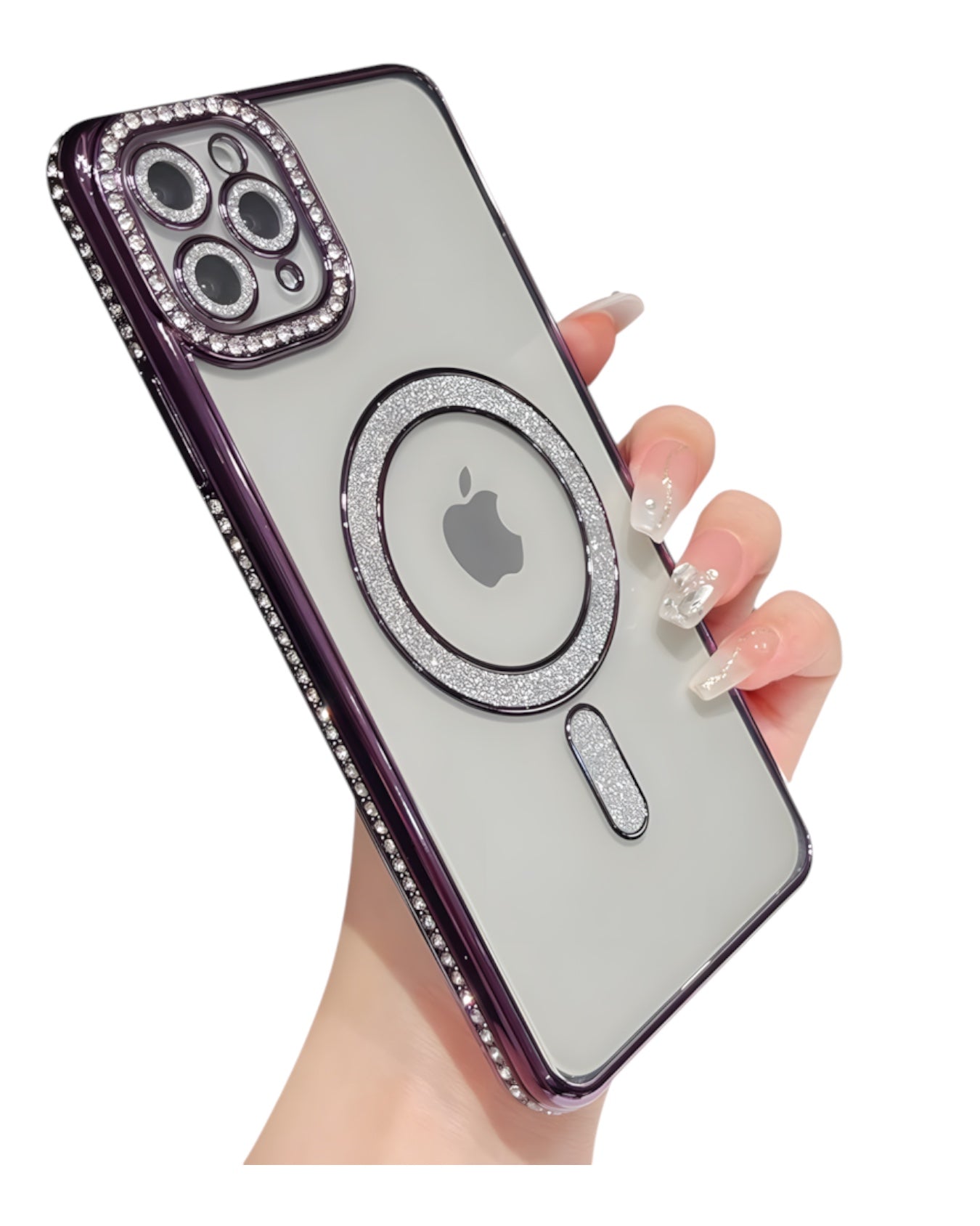 Funda transparente Accesorios DLSH con diamantes para iPhone 11 Pro Max, aro MagSafe y protector de cámaras con brillos.