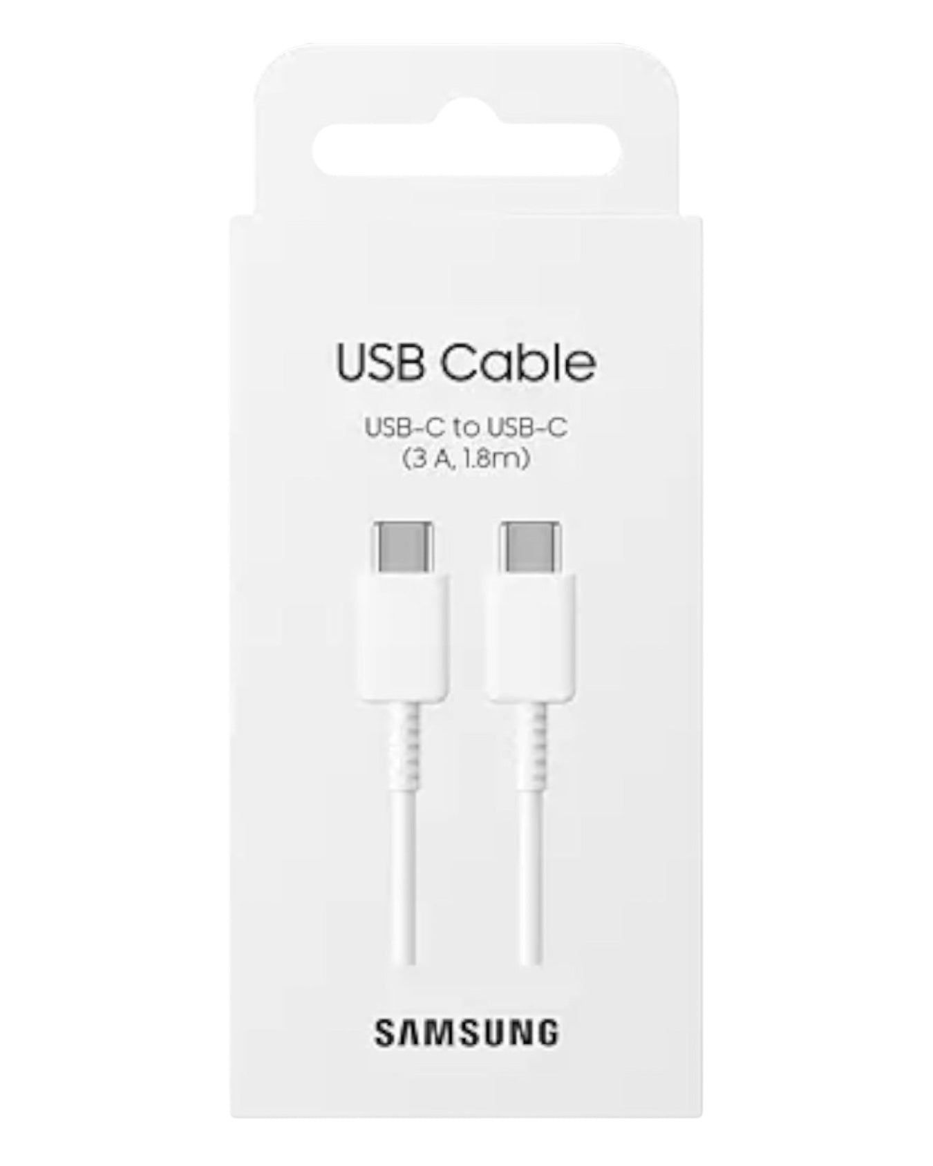 Cable USB-C a USB-C Samsung de 1.8 metros en color blanco, empaquetado en caja original de Accesorios DLS.