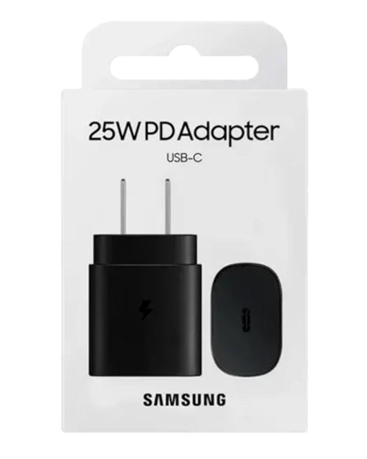 Cargador rápido Samsung 25W USB-C color negro en su empaque original de Accesorios DLS