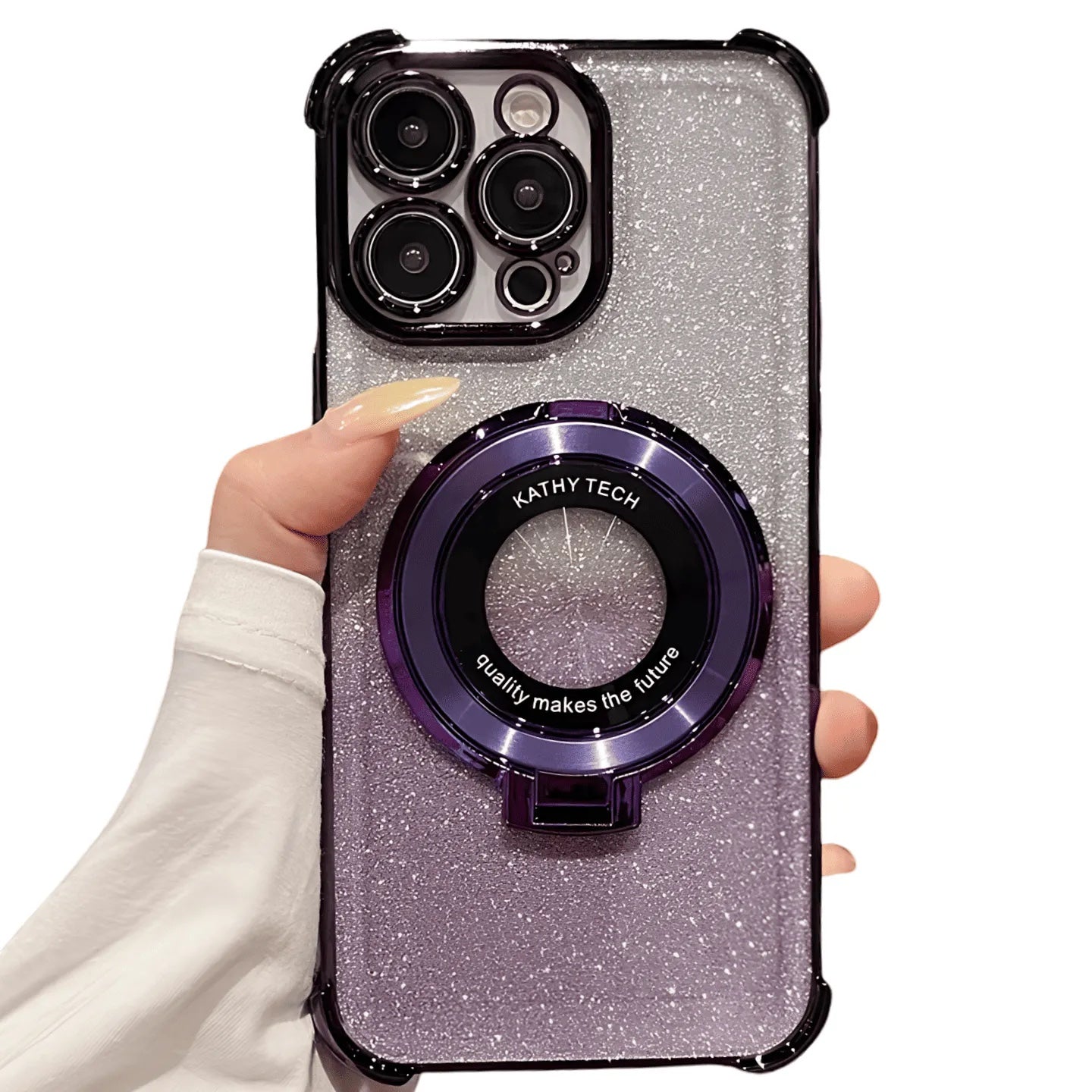 Funda Accesorios DLS para iPhone 14 Pro Max con brillos plateados, soporte MagSafe morado y protección de cámara