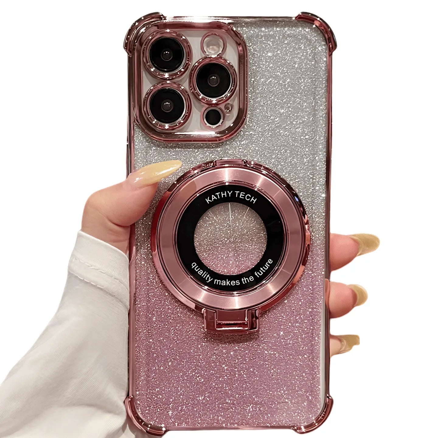 Funda Accesorios DLS para iPhone 14 Pro Max con brillos rosas, anillo MagSafe y esquinas reforzadas antishock.