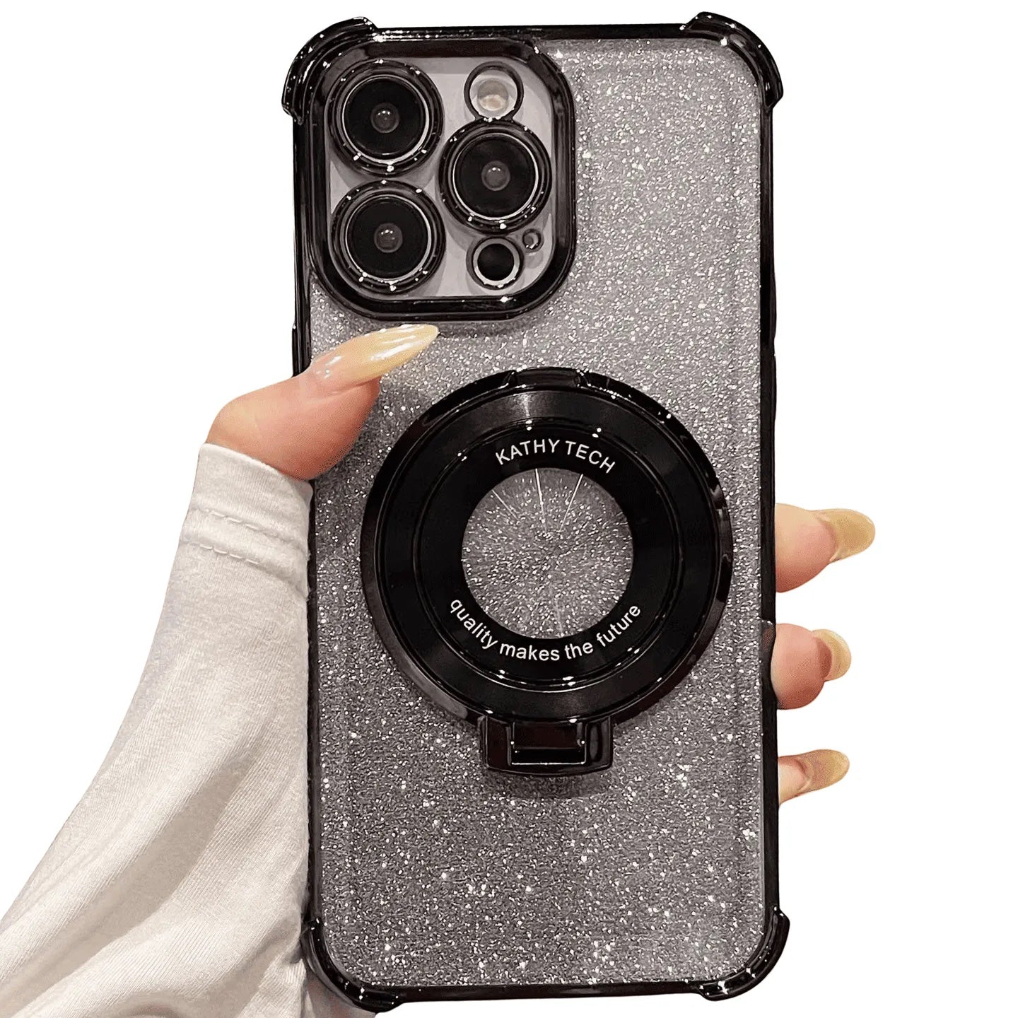 Funda Accesorios DLS para iPhone 15 Pro Max plateada con brillos, soporte MagSafe y protección de cámara reforzada.