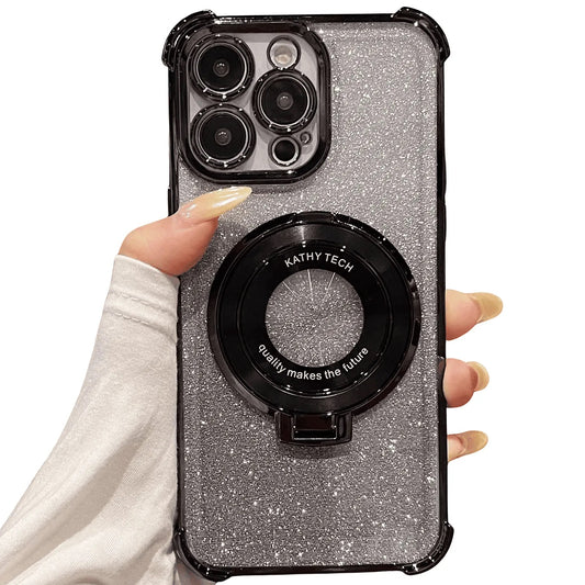 Funda Accesorios DLS para iPhone 16 Pro Max plateada con brillos, soporte MagSafe y protección de cámara reforzada.