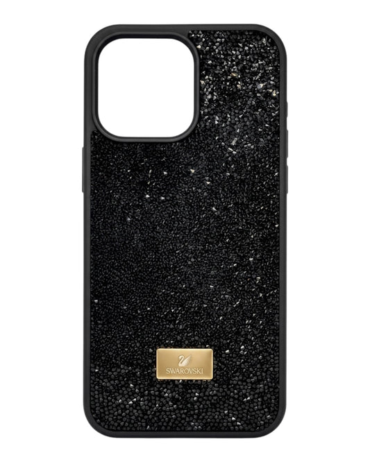Funda negra para iPhone 11 con cristales de imitación estilo Swarovski y logo dorado. Material TPU acrílico.