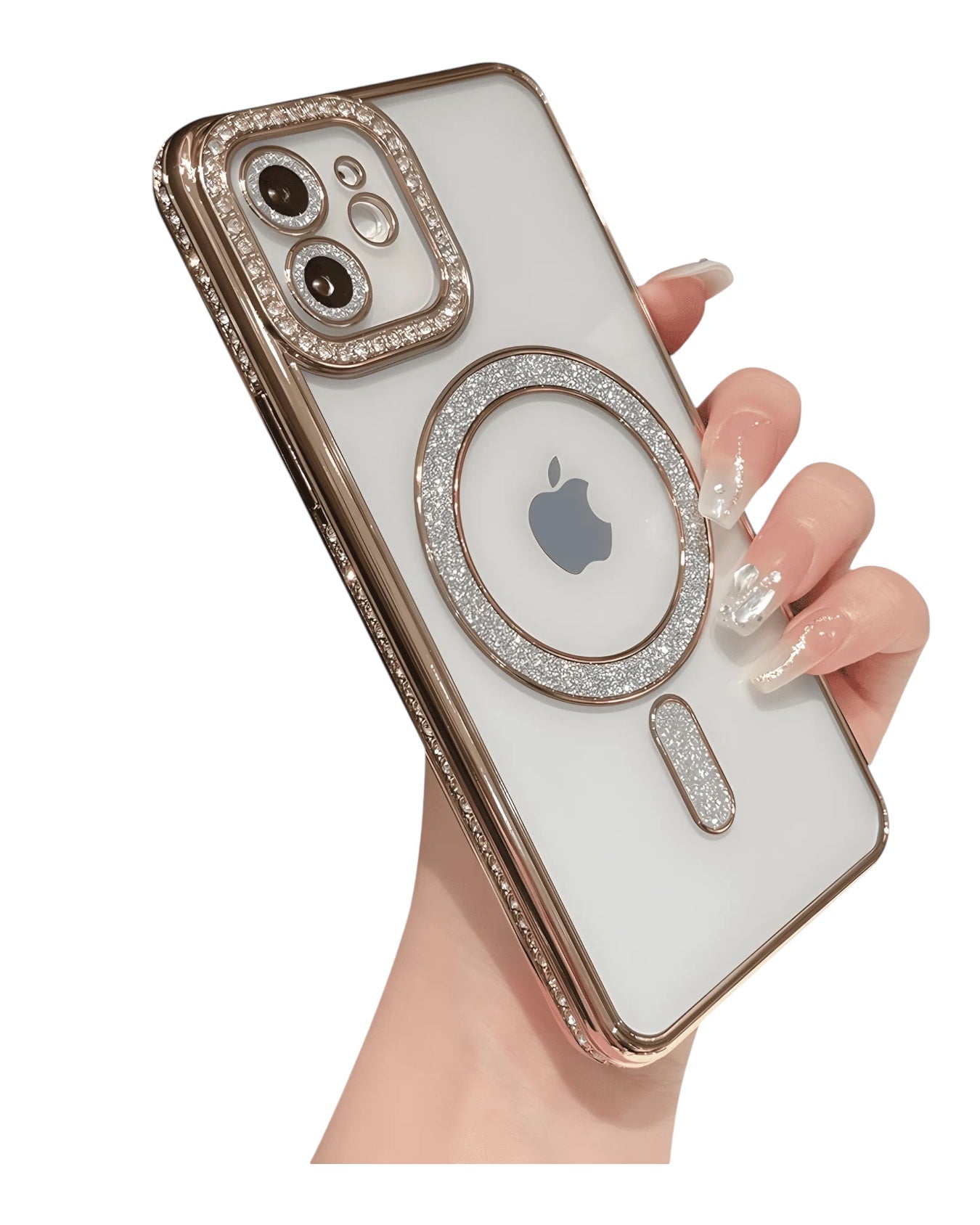 Funda transparente Accesorios DLS con diamantes y MagSafe para iPhone 12. Marco dorado y detalles brillantes.