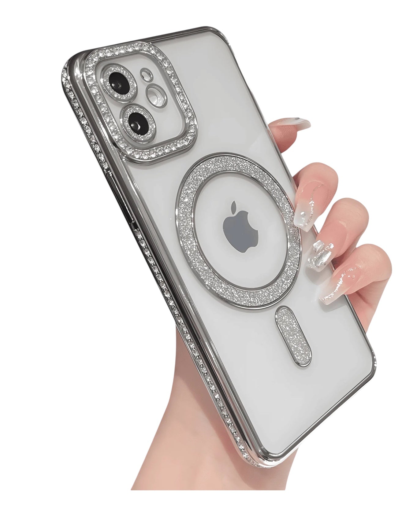 Funda transparente Accesorios DLS con diamantes y MagSafe para iPhone 12. Protección plateada con brillos.