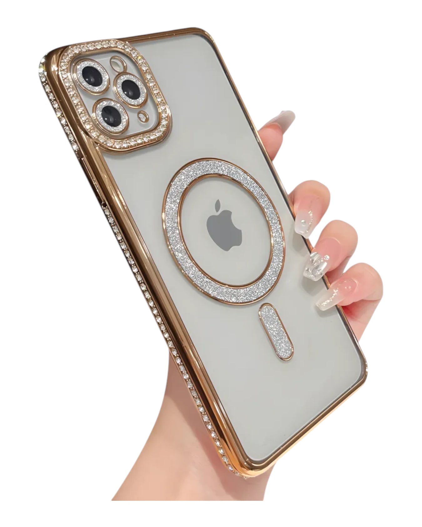 Funda transparente Accesorios DLS con diamantes y MagSafe para iPhone 12 Pro. Borde dorado y detalles brillantes.