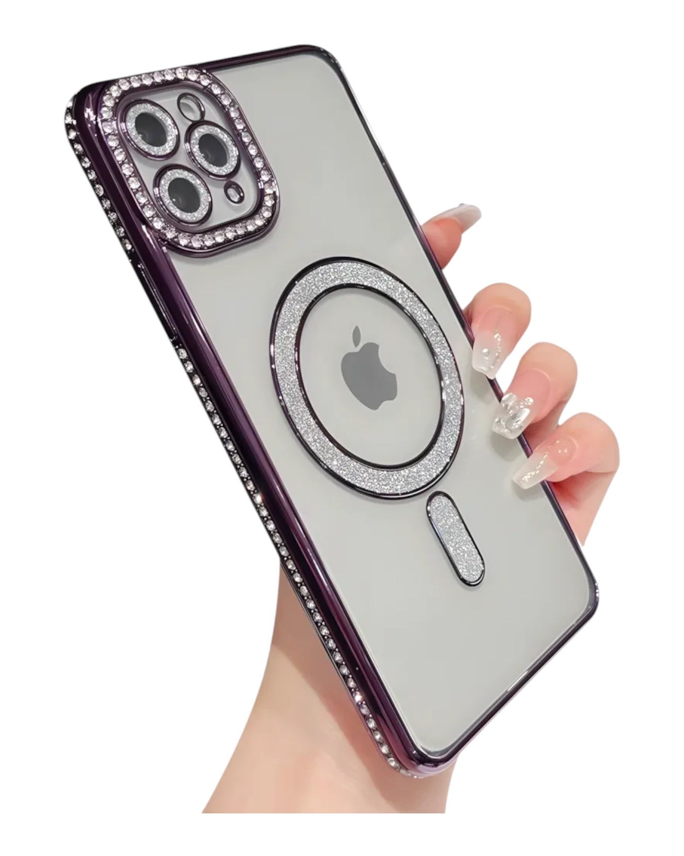 Funda transparente Accesorios DLS con diamantes y MagSafe para iPhone 12 Pro, borde morado brillante