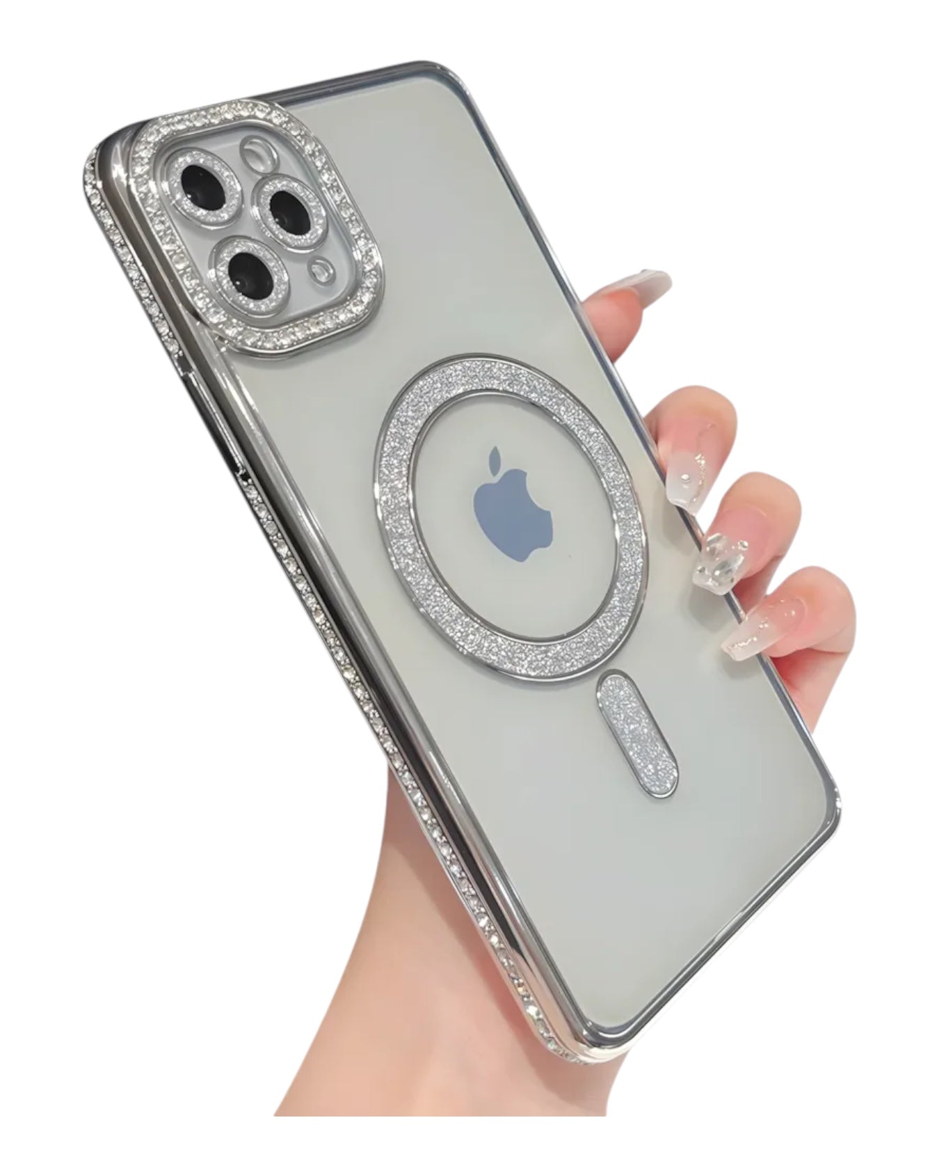 Funda transparente Accesorios DLS con diamantes para iPhone 12 Pro, con MagSafe y protector de cámara brillante.