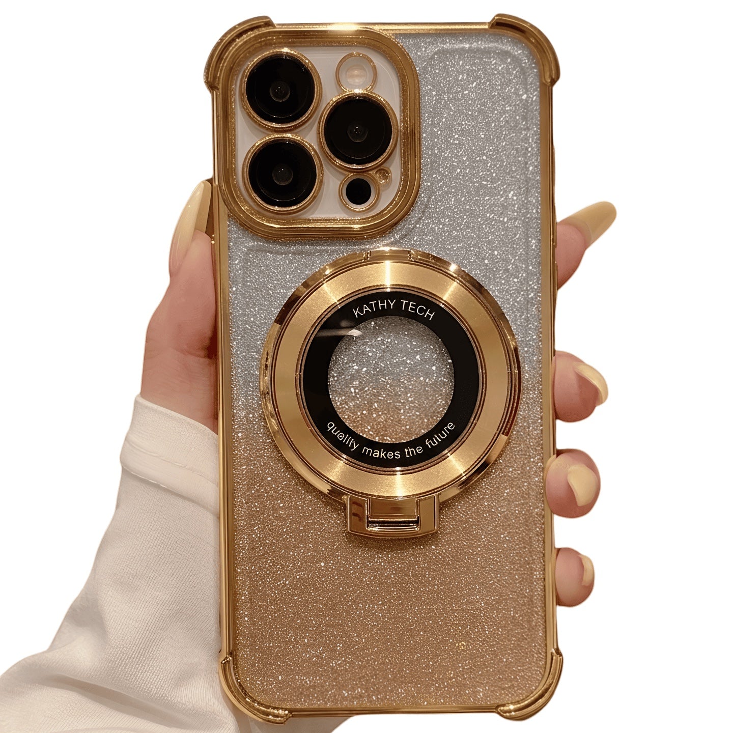 Funda Accesorios DLS para iPhone 12 Pro Max con brillos degradados, anillo MagSafe dorado y protección de cámara.
