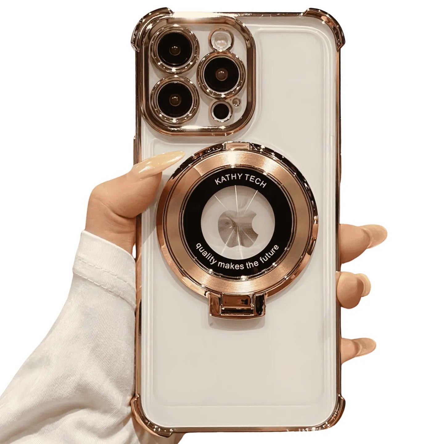 Funda Accesorios DLS para iPhone 12 Pro Max transparente con bordes dorados, soporte magnético MagSafe y protector cámara
