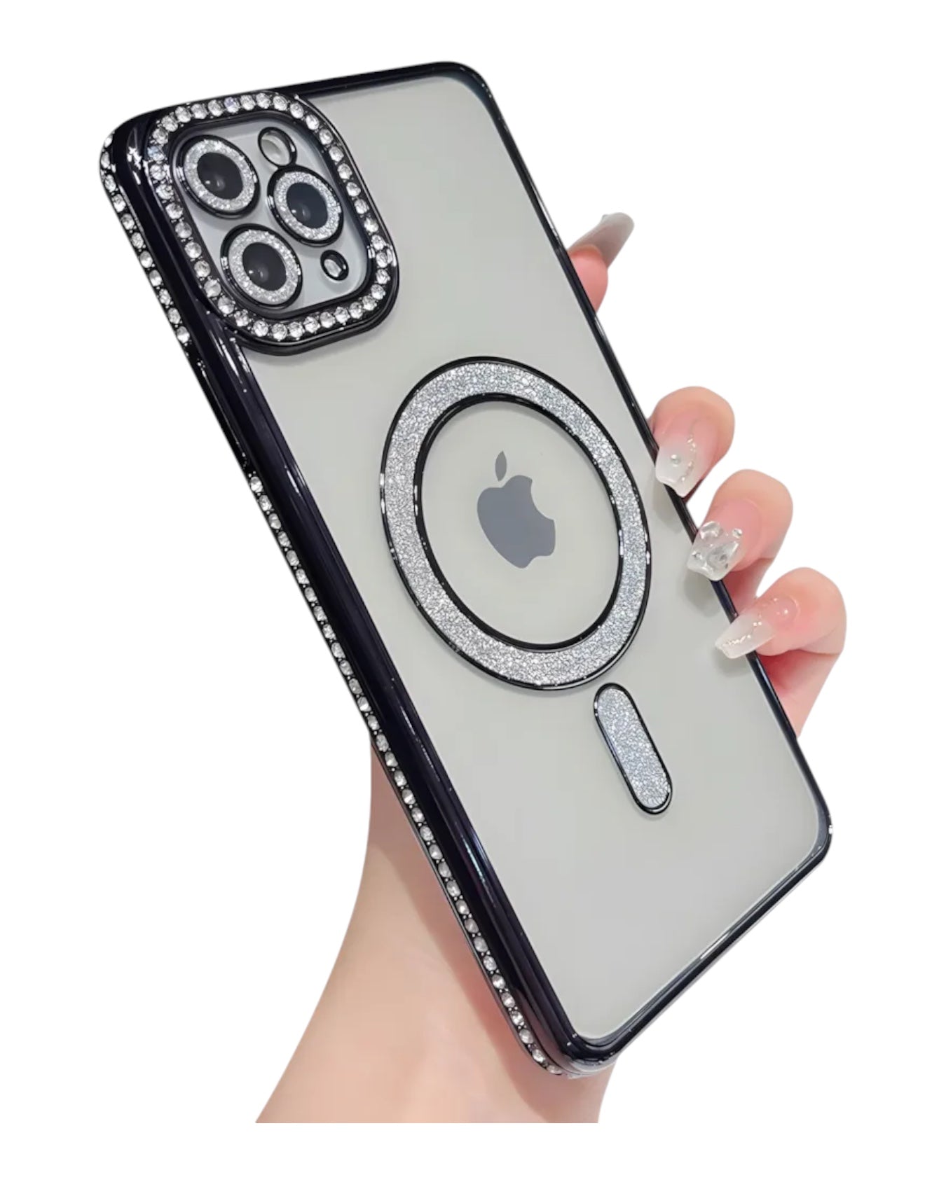 Funda transparente Accesorios DLS con diamantes para iPhone 12 Pro, aro MagSafe y protector de cámaras con brillos.