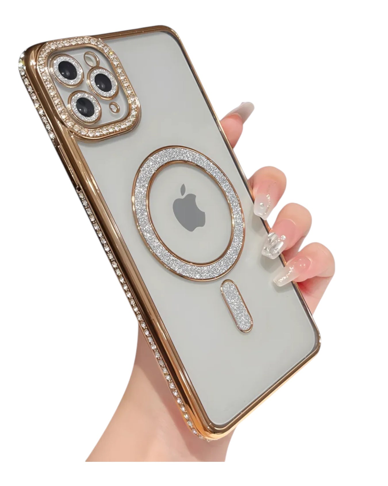 Funda transparente Accesorios DLS con diamantes y MagSafe para iPhone 13 Pro, borde dorado y protector de cámara brillante.