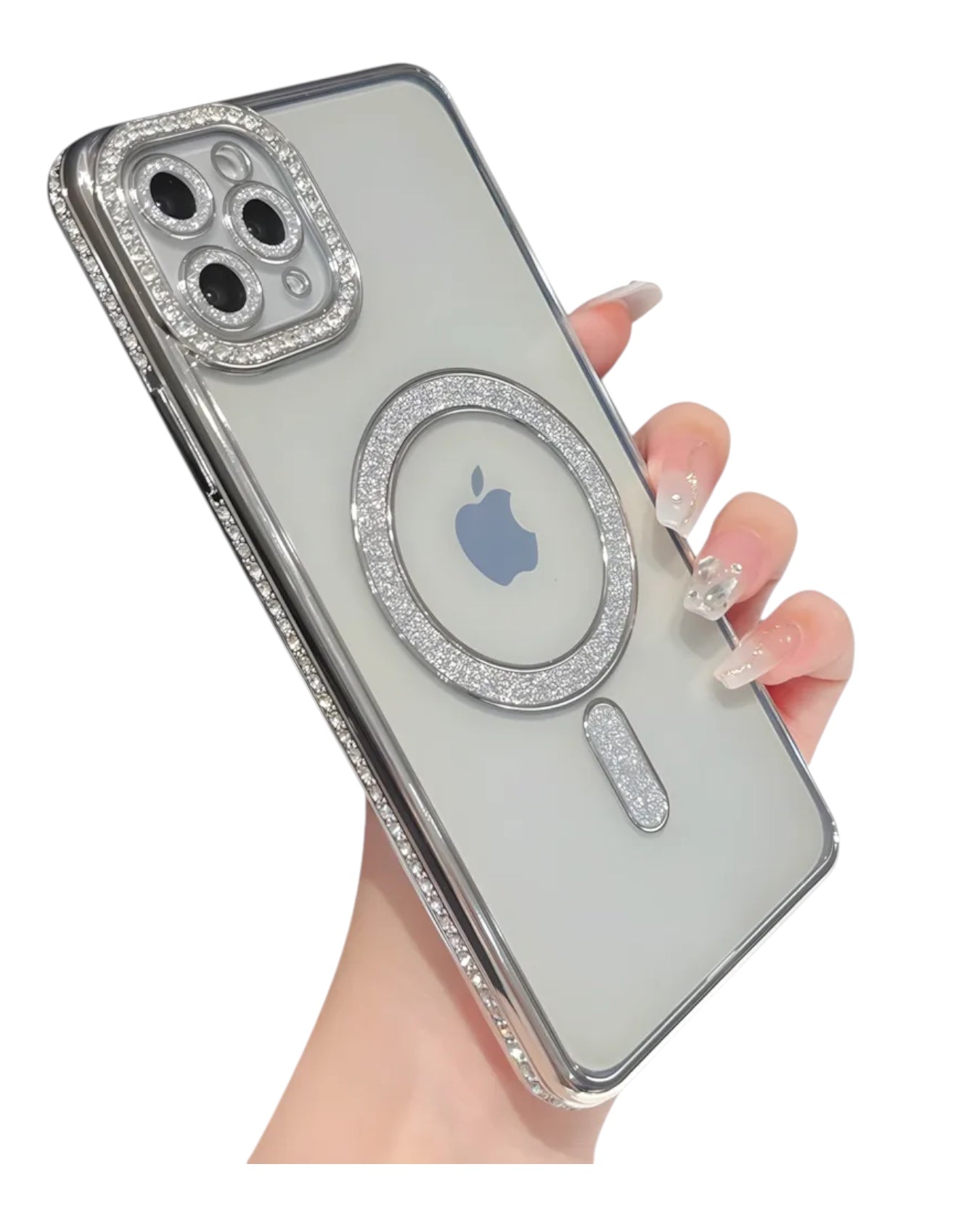 Funda transparente Accesorios DLS con diamantes y MagSafe para iPhone 13 Pro. Protección de cámaras y aro MagSafe con brillos.