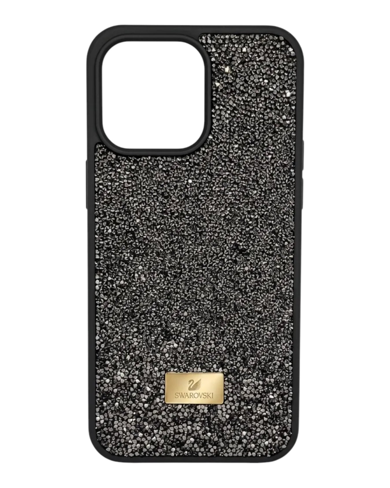 Funda Accesorios DLS para iPhone 13 Pro Max con cristales grises estilo Swarovski y placa metálica dorada.