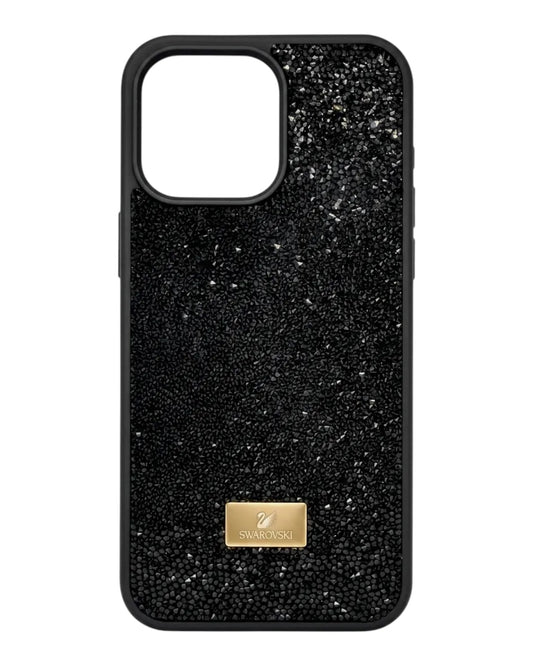 Funda negra Accesorios DLS para iPhone 13 Pro Max con cristales brillantes y placa metálica.