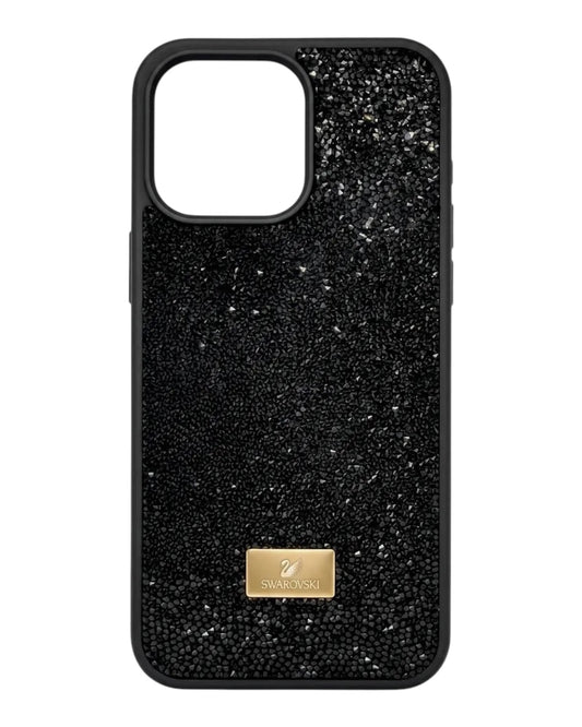 Funda negra estilo Swarovski para iPhone 13 Pro con micro-cristales y placa metálica dorada.