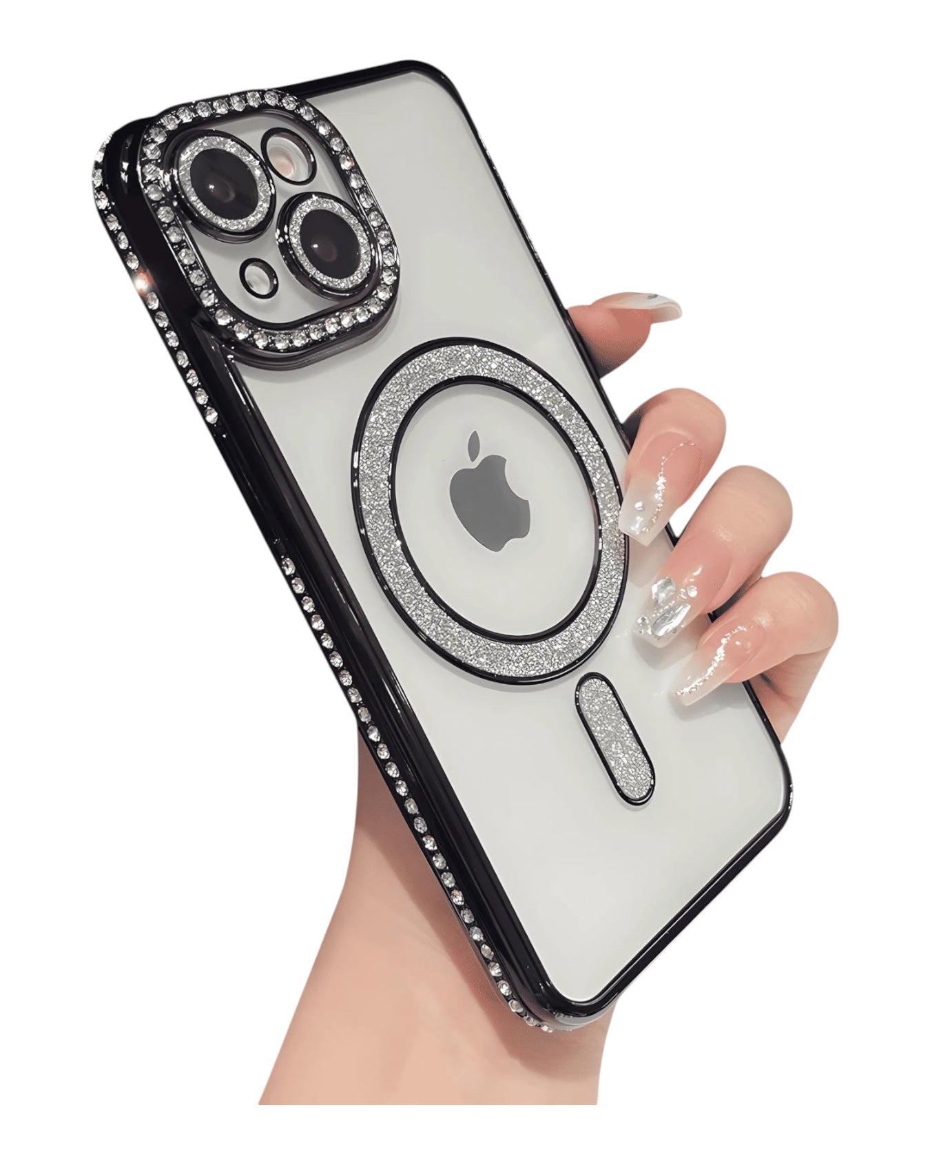 Funda transparente Accesorios DLS con diamantes para iPhone 14, aro MagSafe y protector de cámara con brillos plateados.