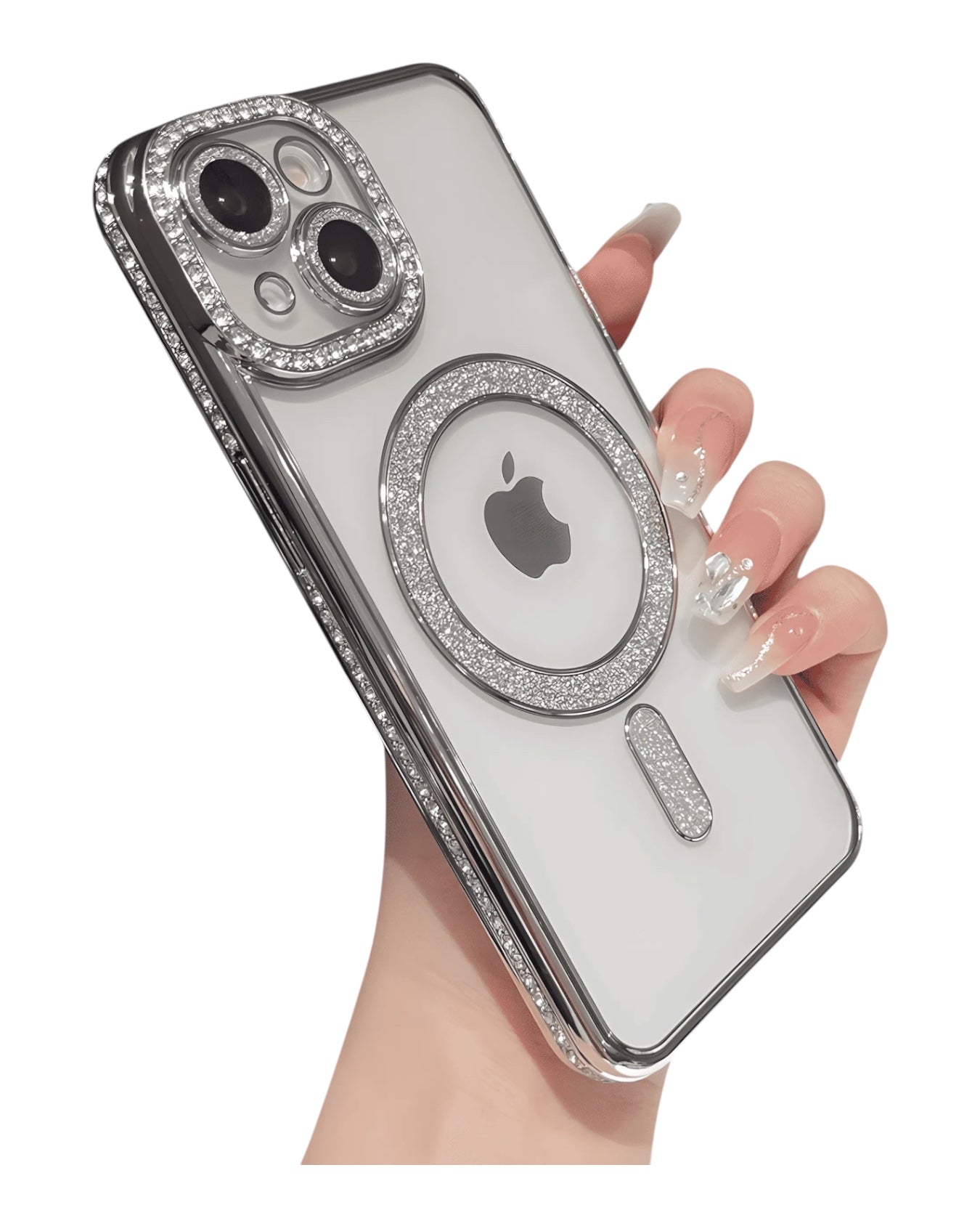 Funda transparente Accesorios DLS con diamantes para iPhone 14, con MagSafe y protector de cámara brillante.