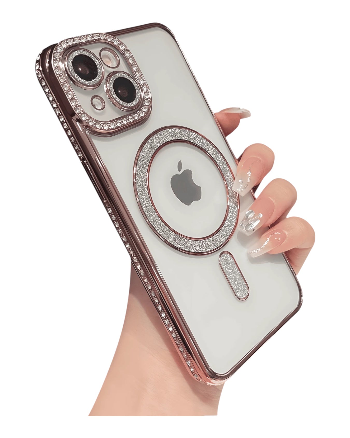 Funda transparente Accesorios DLS con diamantes para iPhone 14, aro MagSafe y protector de cámara con brillos.