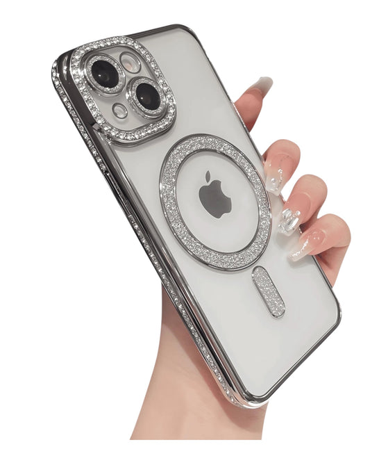 Funda transparente Accesorios DLS con diamantes para iPhone 14 Plus, con MagSafe y protector de cámara brillante.