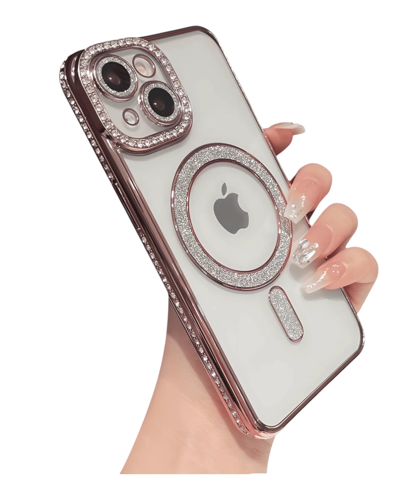 Funda transparente Accesorios DLS con diamantes para iPhone 14 Plus, aro MagSafe y protector de cámara brillante.