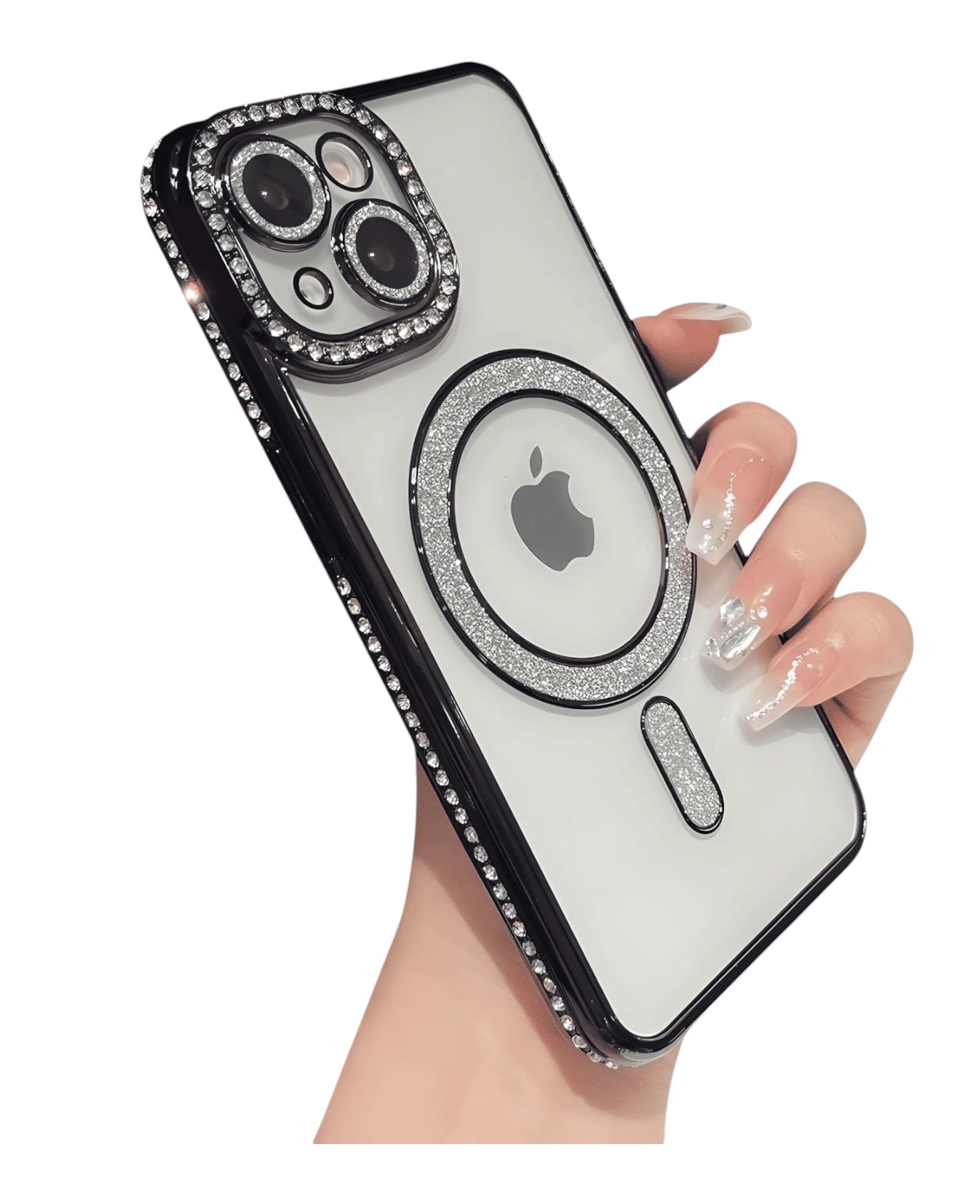 Funda transparente Accesorios DLS con diamantes para iPhone 14 Plus, aro MagSafe y protector de cámara con brillos.