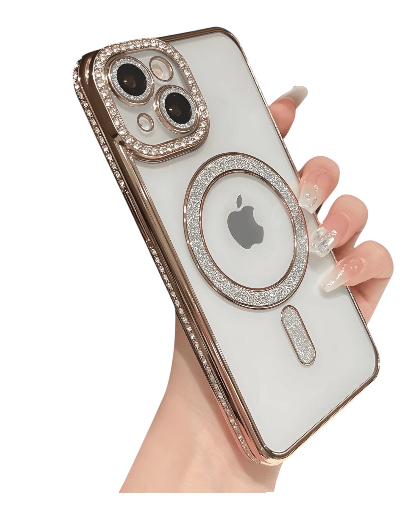 Funda transparente Accesorios DLS con diamantes y MagSafe para iPhone 14 Plus. Aro y protector de cámara con brillos.