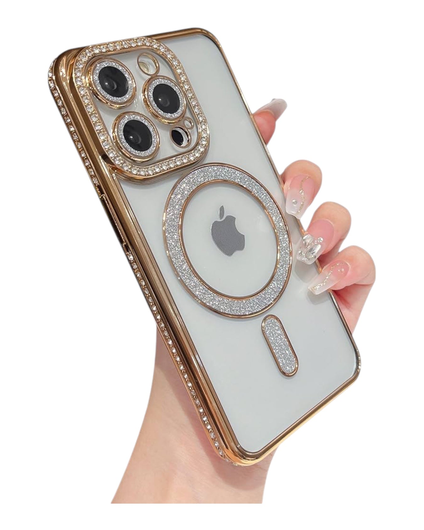 Funda transparente Accesorios DLS con diamantes y MagSafe para iPhone 14 Pro. Marco dorado y protector de cámara con brillos.