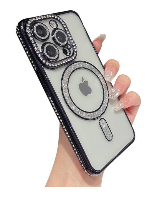 Funda transparente Accesorios DLS con diamantes para iPhone 14 Pro, con MagSafe y protector de cámaras brillante.