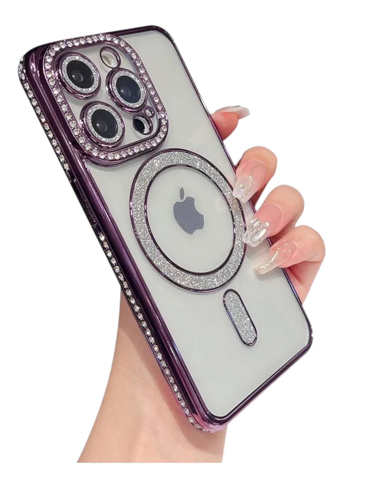 Funda transparente Accesorios DLS con diamantes y MagSafe para iPhone 14 Pro Max, borde morado brillante.