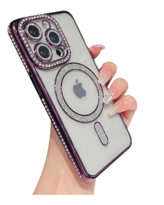 Funda transparente Accesorios DLS con diamantes y MagSafe para iPhone 14 Pro Max, borde morado brillante.
