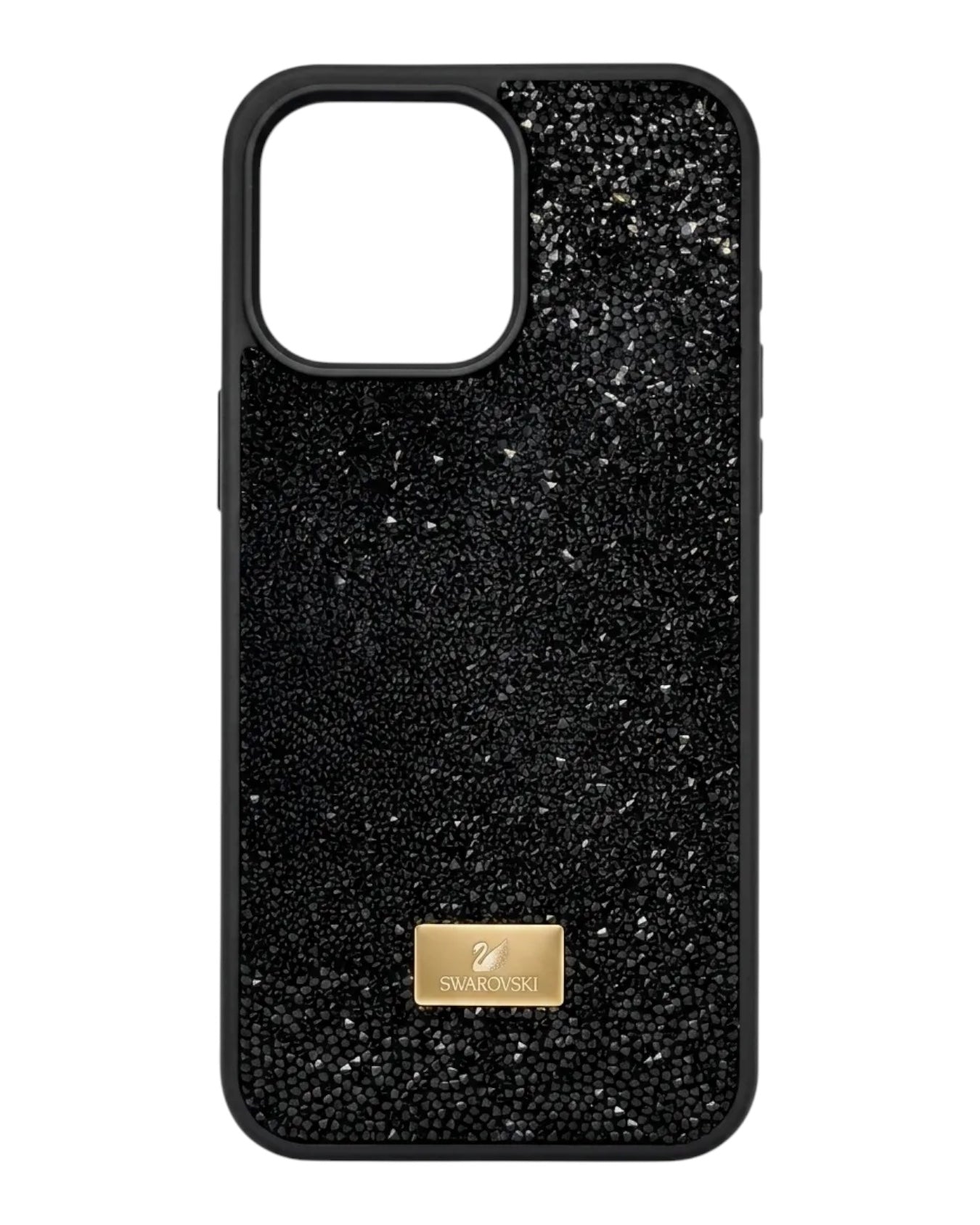 Funda negra estilo Swarovski para iPhone 14 Pro Max con micro-cristales brillantes y placa metálica dorada.