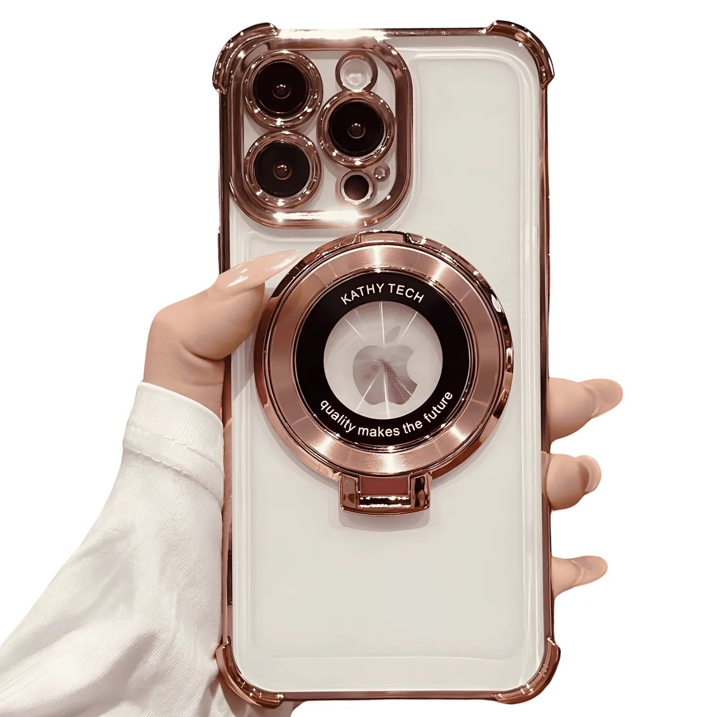 Funda Accesorios DLS para iPhone 14 Pro Max transparente con bordes oro rosa, soporte MagSafe y protección de cámara