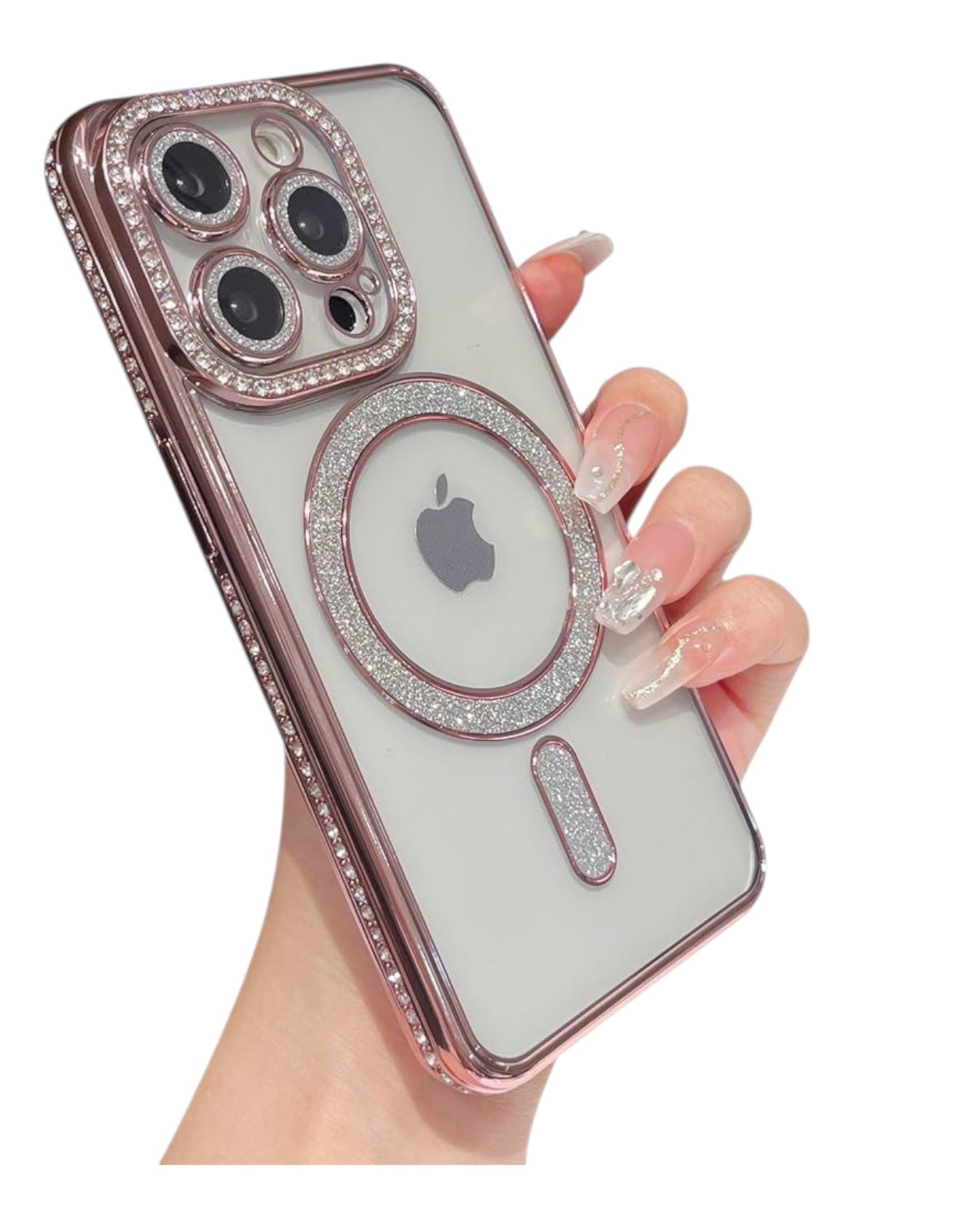 Funda transparente Accesorios DLS con diamantes y MagSafe para iPhone 14 Pro, borde rosa dorado brillante.