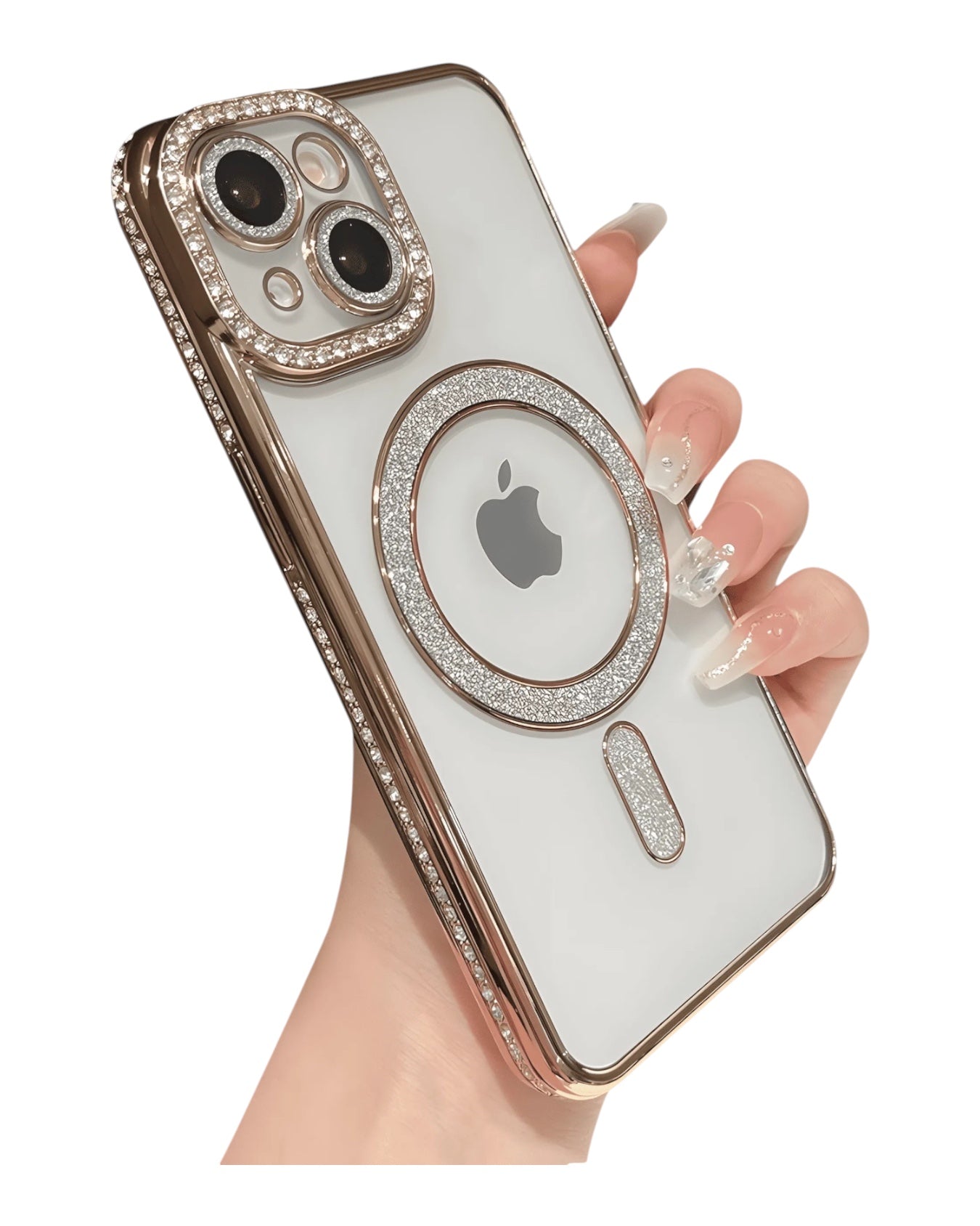 Funda transparente Accesorios DLS con diamantes y MagSafe para iPhone 14. Aro MagSafe y protector de cámaras con brillos plateados.