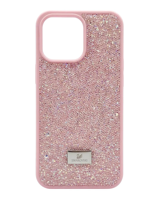 Funda rosa para iPhone 15 con micro-cristales brillantes estilo Swarovski y placa metálica.