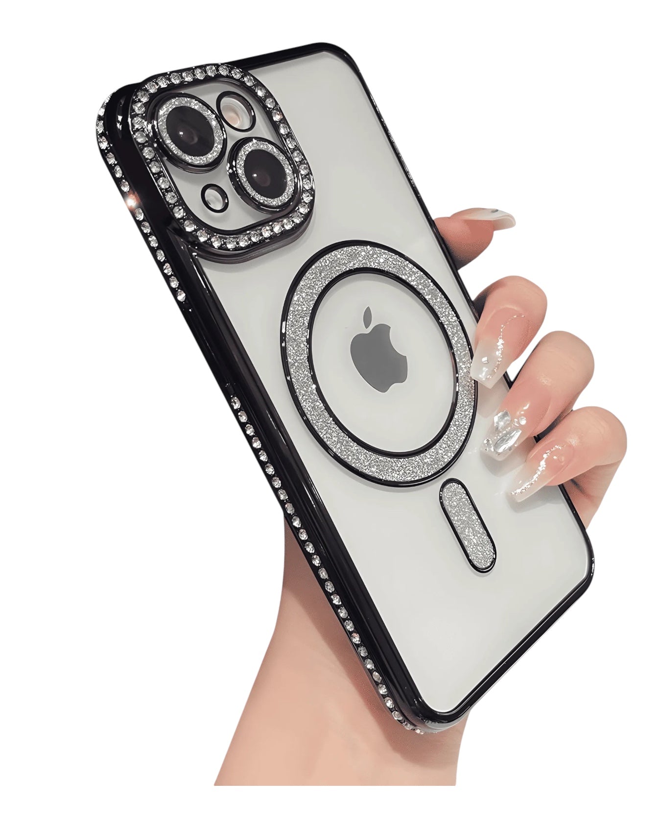 Funda transparente Accesorios DLS con diamantes y MagSafe para iPhone 15. Protección de cámaras y aro MagSafe con brillos plateados.