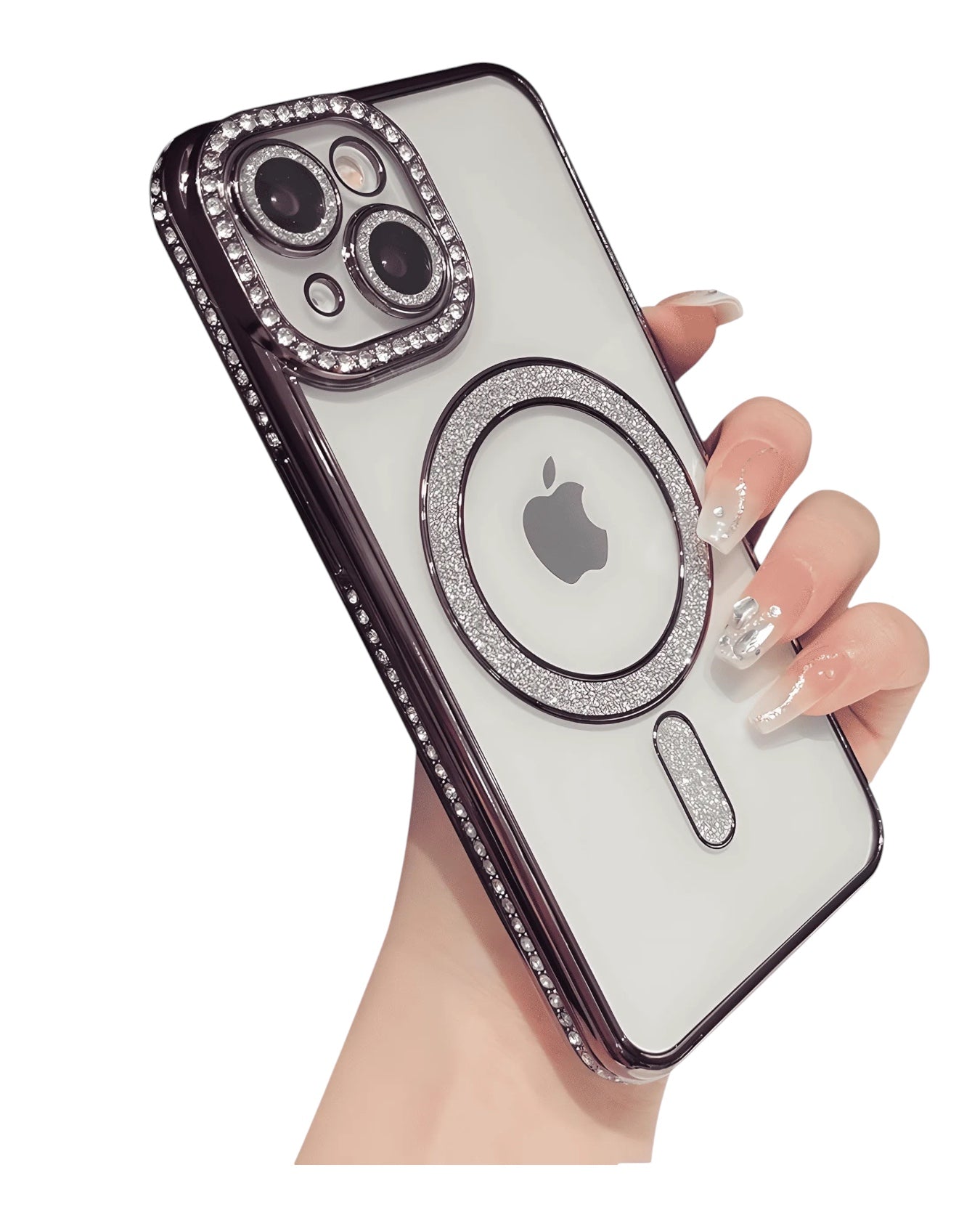 Funda transparente Accesorios DLS con diamantes y MagSafe para iPhone 15. Bordes brillantes y protector de cámara.