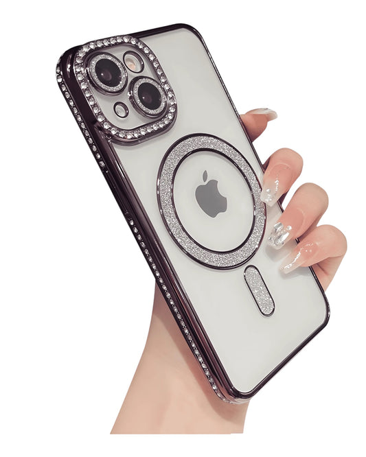 Funda transparente Accesorios DLS con diamantes y MagSafe para iPhone 15 Plus. Protección de cámaras y aro MagSafe con brillos plateados.