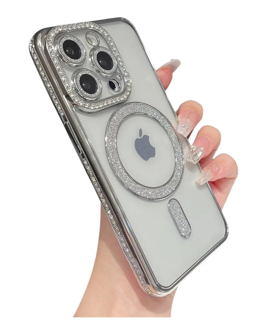 Funda transparente Accesorios DLS con diamantes para iPhone 15 Pro, con MagSafe y protector de cámaras brillante.