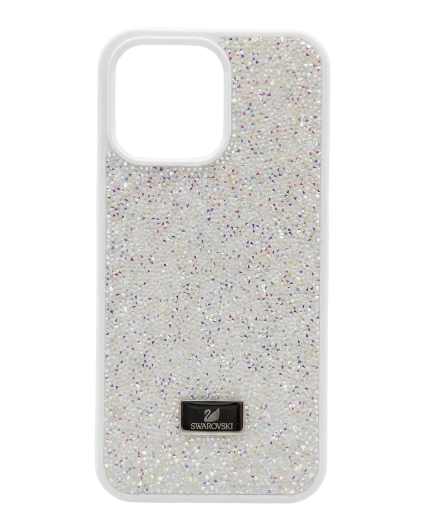 Funda Accesorios DLS para iPhone 15 Pro Max con micro-cristales blancos iridiscentes y placa metálica.