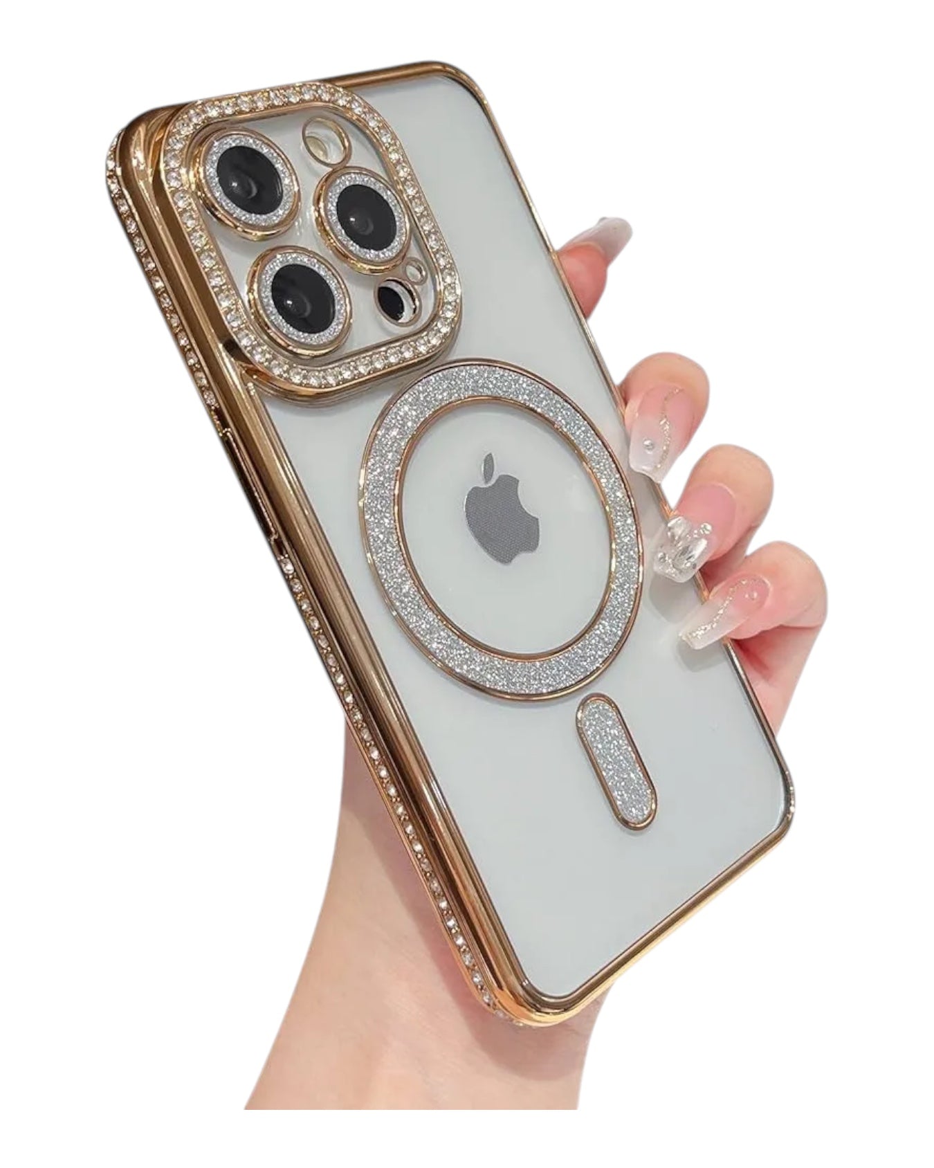 Funda transparente Accesorios DLS con diamantes y MagSafe para iPhone 15 Pro Max, borde dorado, protector de cámara brillante.