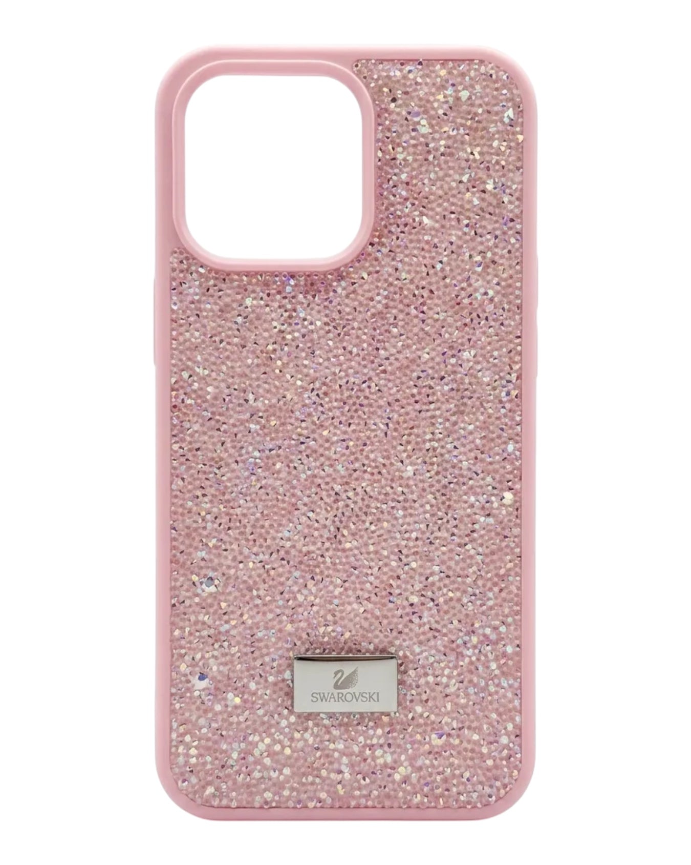 Funda rosa para iPhone 15 Pro Max de Accesorios DLS, cubierta de micro-cristales brillantes estilo Swarovski y placa metálica.
