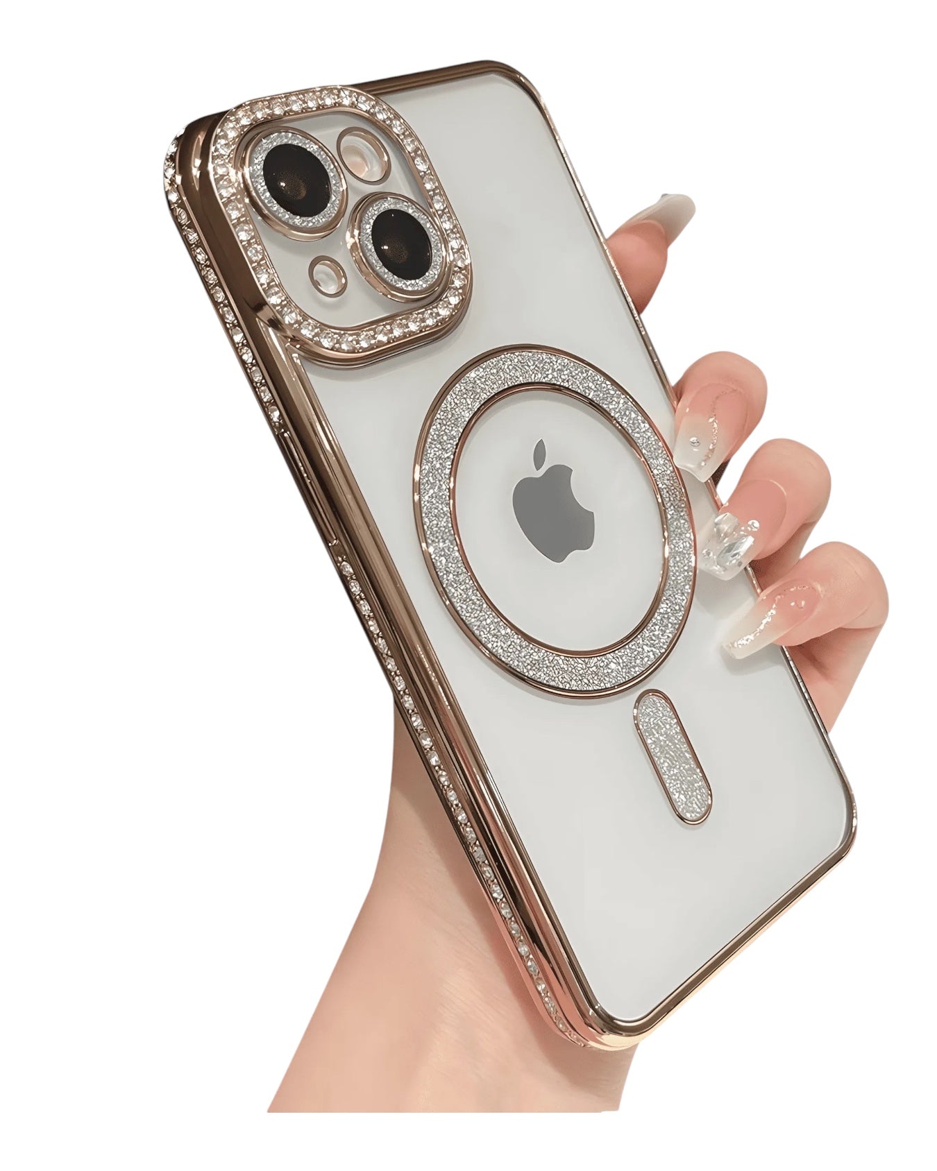 Funda transparente Accesorios DLS con diamantes y MagSafe para iPhone 15, borde dorado, protector de cámara brillante